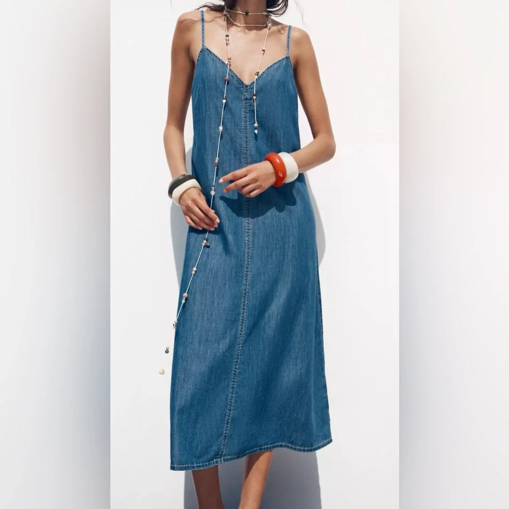 Zara Denim Strappy Midi Dress NWT - Picture 2 of 11